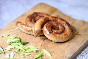 Grilled wine sausages, selective focus, czech food