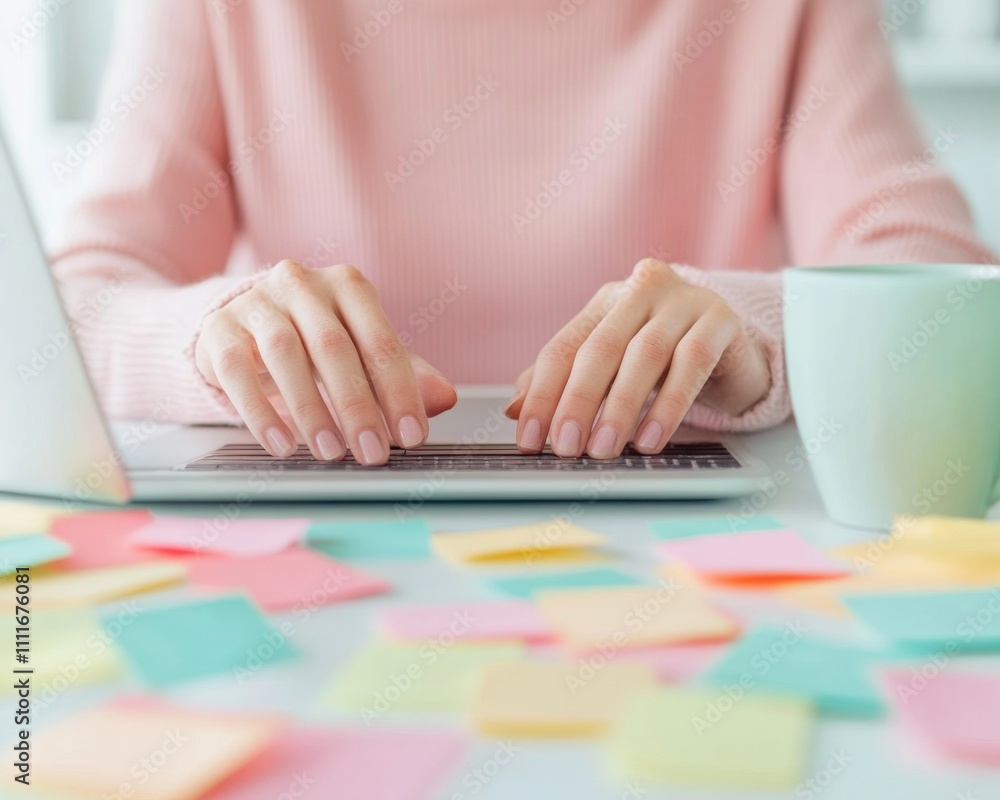 Poster Hands Typing on Laptop with Colorful Sticky Notes Modern E-Learning and Remote Work Concept
