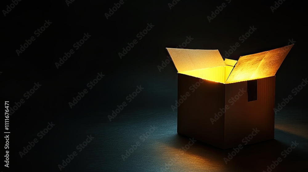 Poster mysterious open box illuminated by soft warm light in darkness