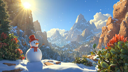 Fototapeta premium Snowman in snowy mountain valley with sunshine.