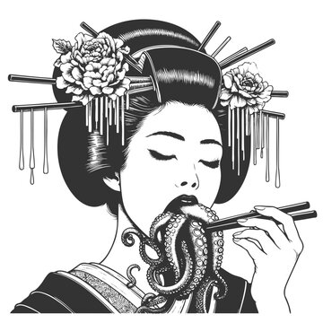 geisha eating octopus with chopsticks clip art preview