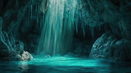 Naklejka premium A tranquil cave with turquoise water, illuminated by sunlight streaming through cracks, creating a calm and picturesque setting