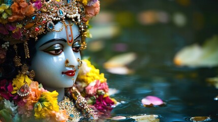 A tranquil statue of Lord Krishna, adorned with colorful flowers and jewelry, surrounded by still water, representing divine grace