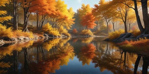 Obraz premium A tranquil lake reflects the vibrant oranges and yellows of autumnal leaves in the surrounding trees , Orange hues, Autumn lake