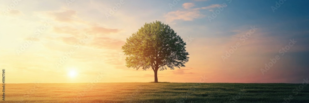 Poster a solitary tree stands in an expansive field as the sun sets, casting warm hues across the sky with 