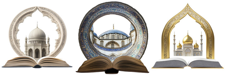Fototapeta premium Set of Above the book can be seen through the round shape of the Seidi gold color Bikshat Mosque isolated on a transparent background