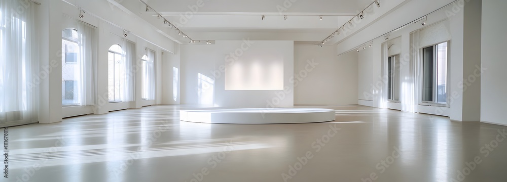 Poster a clean, white podium in an empty, bright room with high ceilings and smooth floors, illuminated by 