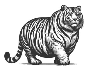 Obraz premium Fat chubby tiger with bold stripes and a playful demeanor, blending humor and artistic detail sketch engraving generative ai vector illustration. Scratch board imitation. Black and white image.