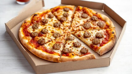 Delicious meat pizza in a hexagonal box on a white background.