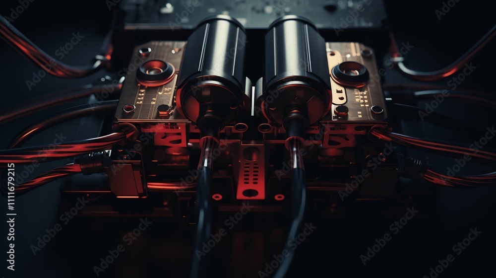 Poster closeup view of a headphone audio splitter device with multiple cables branching out in different di
