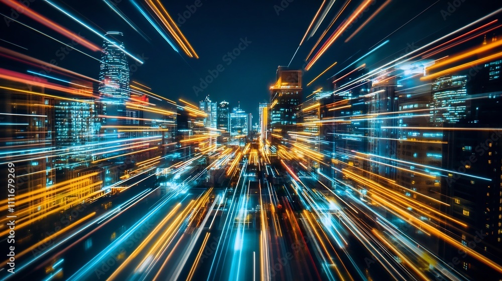 Poster high speed light trails in motion glow lines internet data transfer concept