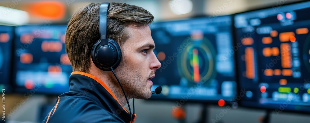 Poster logistic with control room concept. focused man using headset in a tech control room.