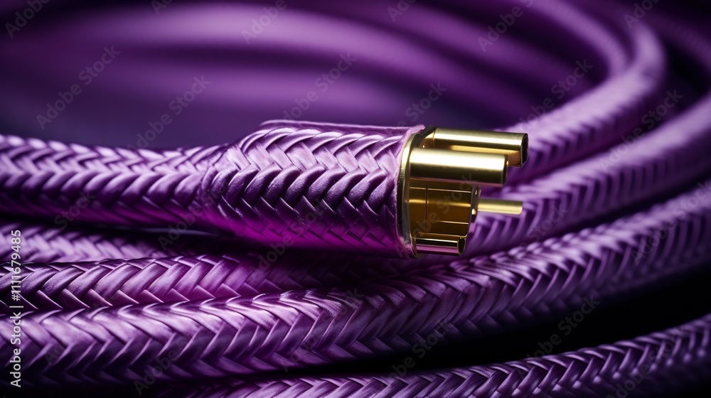 Poster closeup view of a computer power cable with a metallic texture plugged into a power supply unit psu