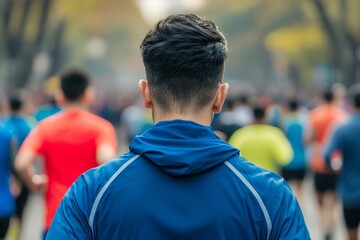 Fototapeta premium Runners crossing the marathon finish line for success. Person in sportswear preparing for a race among runners