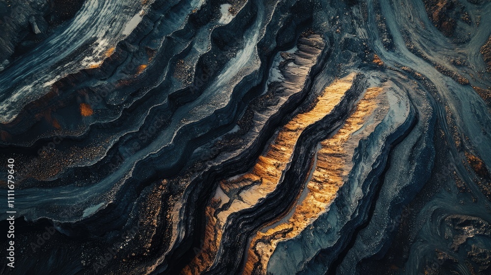 Poster An aerial shot of a massive open-pit coal mine, highlighting the layers of excavation and the complexity of the mining process