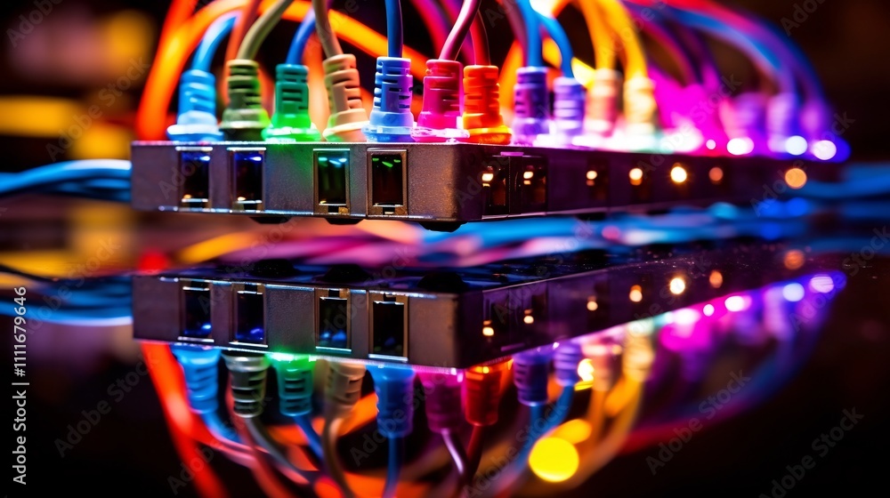 Poster macro close up of a vibrant and reflective cable splitter device showcasing the intricate details an