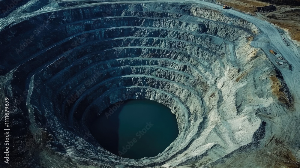 Poster An aerial shot of a massive open-pit coal mine, highlighting the layers of excavation and the complexity of the mining process