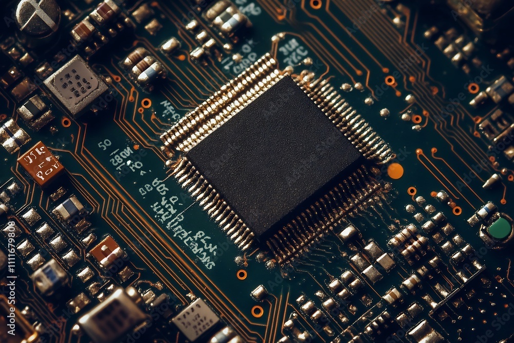 Poster intelligence microchip with intricate circuitry and futuristic design