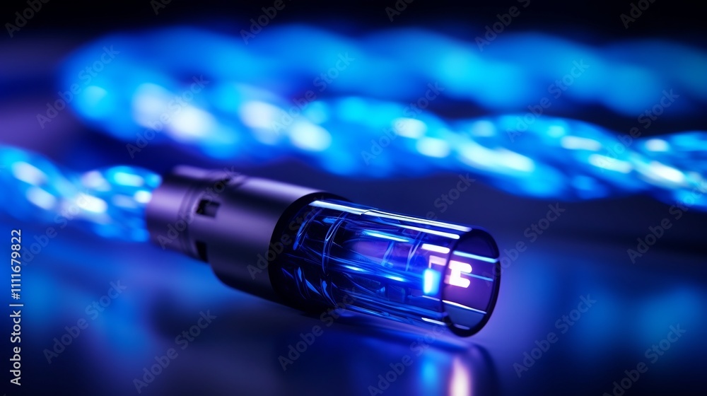 Aufkleber glowing blue lit macro view of charging cable end with illuminating digital connection effect