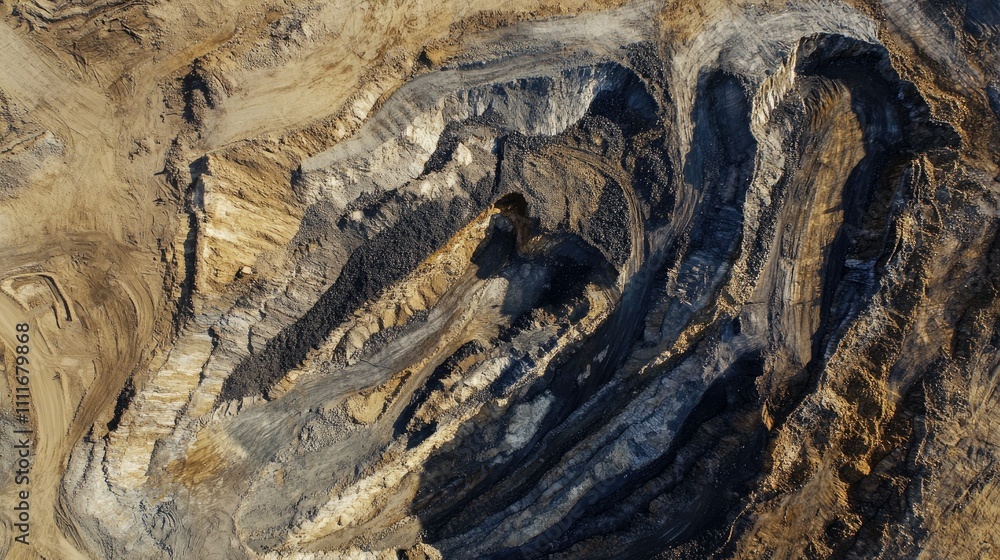 Poster An aerial view of a vast open-pit coal mine, showcasing the layered excavation and the scale of mining operations
