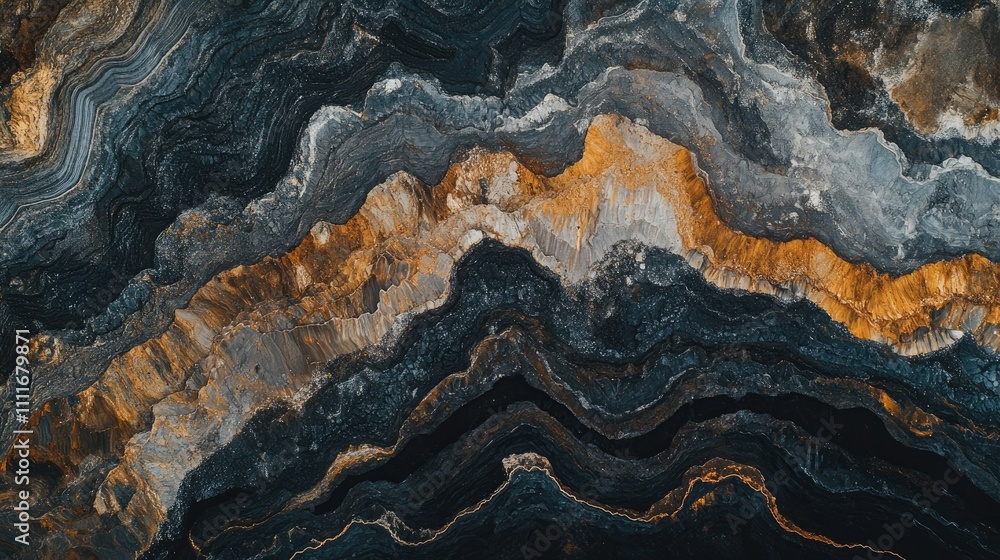 Poster An aerial view of a vast open-pit coal mine, showcasing the layered excavation and the scale of mining operations