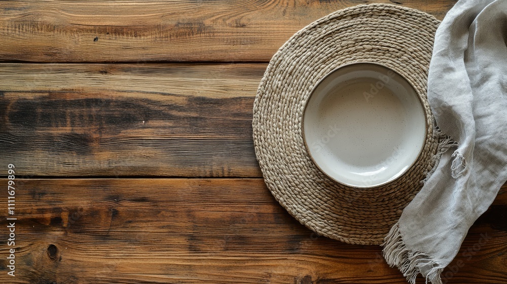Poster rustic table setting with round plate and natural linen napkin