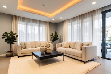 Fototapeta premium A Cozy Modern Living Room with a Beige Sofa, Cream Rug, and Light Gray Walls for Relaxation