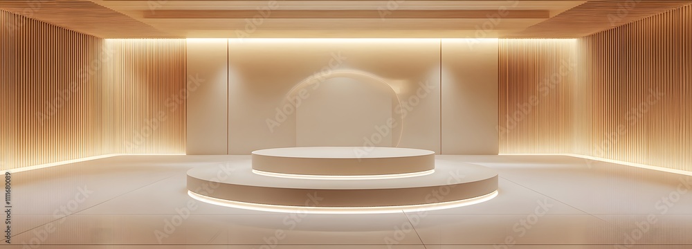 Poster a clean, circular podium in the center of a spacious minimalist showroom, with soft lighting and amp