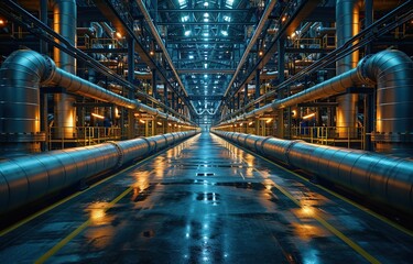 industrial facility with steel pipes, valves, and machinery. industrial boiler rooms and water treatment facilities or factory chimneys, shiny stainless metal pipes