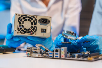 Obraz premium Close-up of a technician wearing gloves soldering electronic components at a desk in an office. The scene highlights precision, technical expertise, and focused work in an electronics lab setting