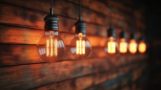 Warm vintage light bulbs on wooden wall in row for rustic industrial interior design