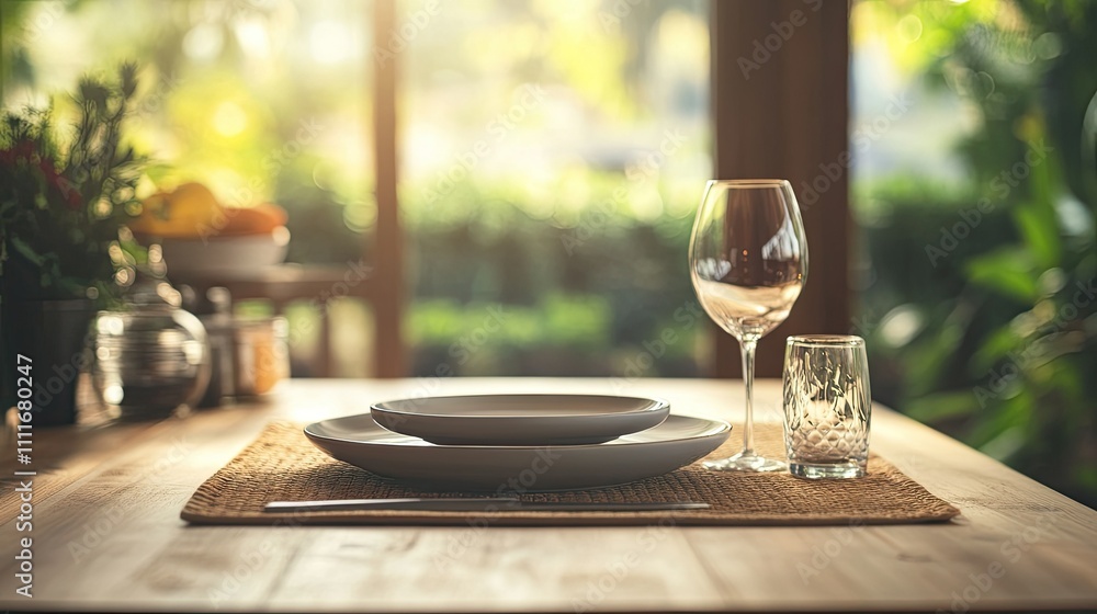 Aufkleber elegant dining setup with minimalist tableware in soft lighting