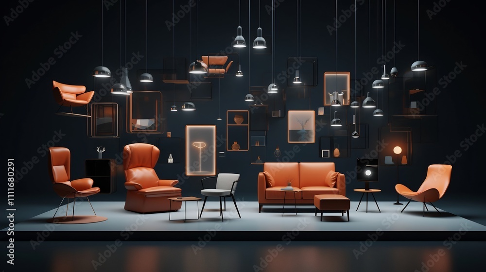 Poster innovative online shopping concept featuring a digital tablet display with floating and levitating f