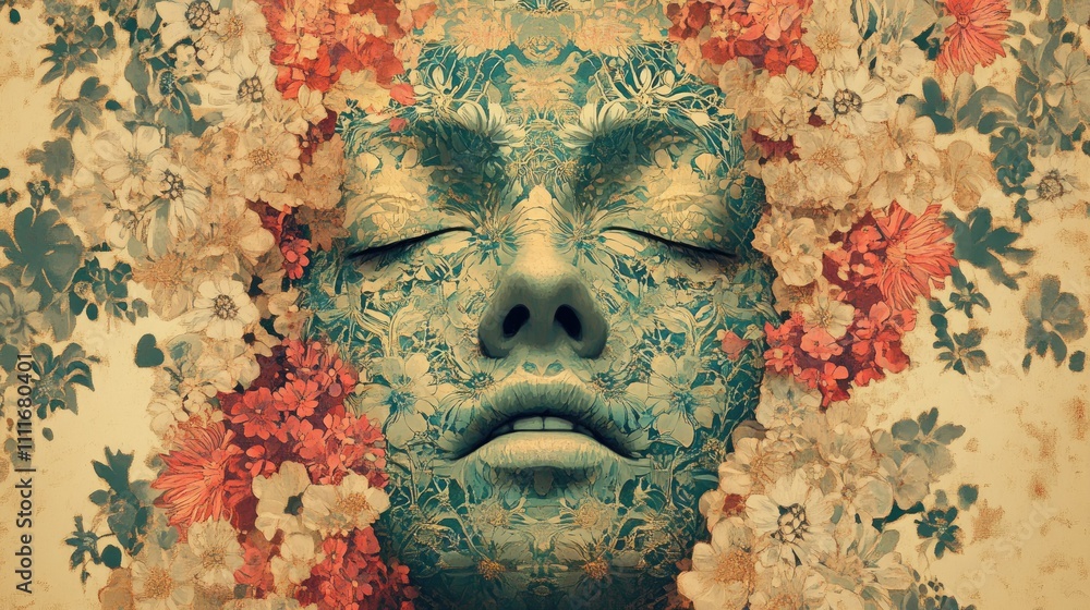 Poster An artistic portrait of a face adorned with intricate floral patterns, evoking a sense of mystery and enchantment, drawing the viewer attention