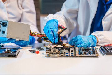 Close-up of a technician wearing gloves soldering electronic components at a desk in an office. The scene highlights precision, technical expertise, and focused work in an electronics lab setting