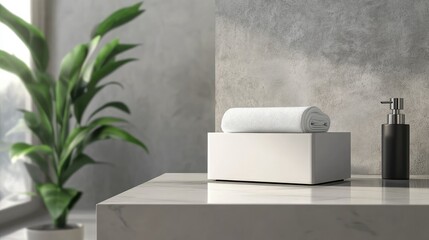 Minimalist Bathroom Arrangement with Towel and Decorative Elements