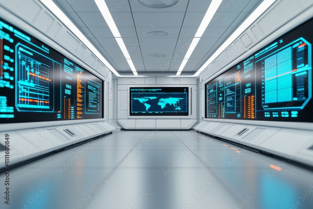 Poster logistic with control room concept. futuristic control room with digital displays and sleek design.