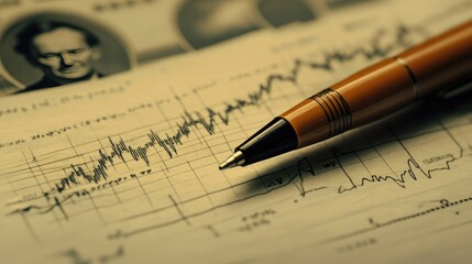An orange pen rests on a financial chart, marking key points of analysis, with graphs and trends depicting market performance