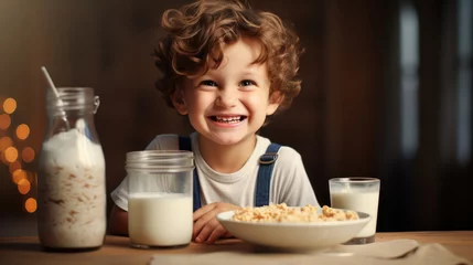 Fotobehang Happy Child Enjoying Breakfast delicious and creamy morning milk, perfect for a balanced and healthy start for children. © Katewaree