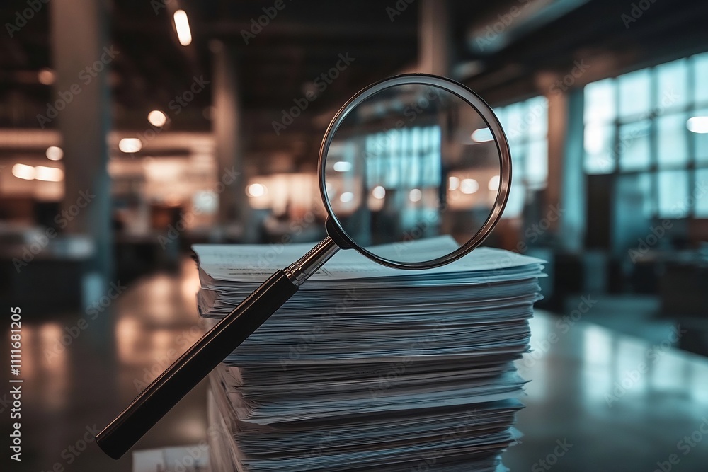 Poster magnifying glass hovering over stacked papers in an office setting symbolizing examination and