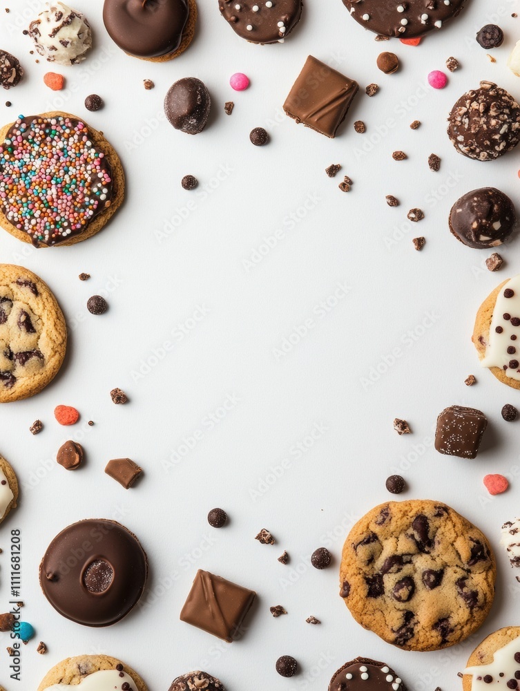 Poster Colorful assorted cookies and sweets are artfully displayed on a white background, leaving space for creative text or messages. Generative AI