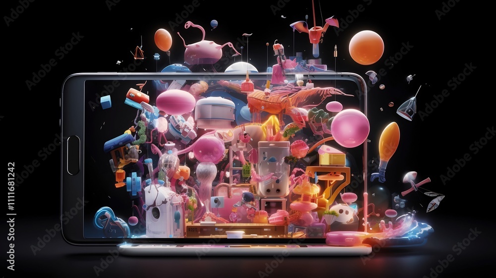 Poster glowing digital device screen with toys gadgets and other fantastical elements seemingly emerging fr