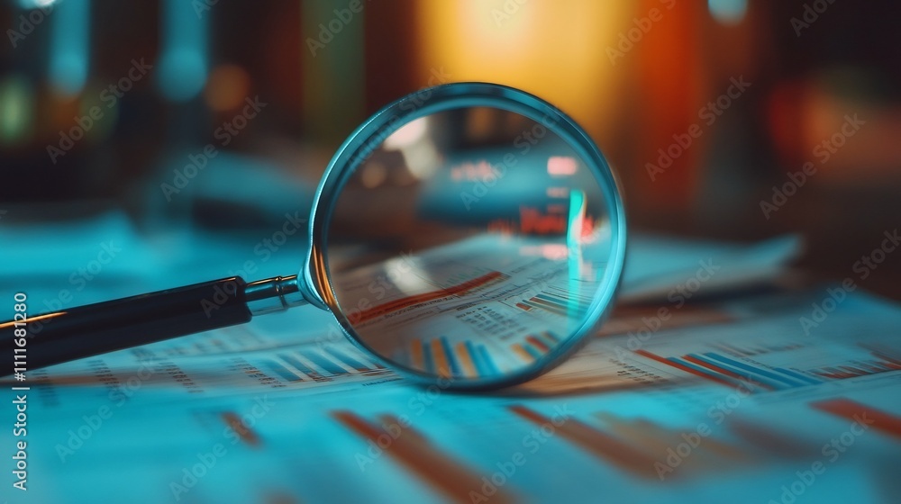 Poster magnifying glass placed on financial documents with charts and graphs highlighting data analysis