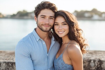 Obraz premium Loving embrace at the waterfront: A young couple stands together on concrete piers, smiling happily as they lean against each other. Behind them, the bright blue sky meets the calm waters.