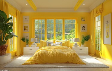 a special bedroom for girls with a yellow interior appearance