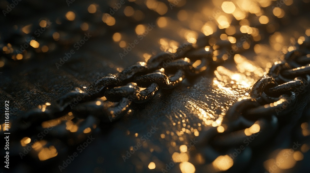 Poster Close-up of metal chain links with intricate details, reflecting sunlight and showcasing their strength and texture with depth of field