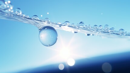 Close-Up of a Water Droplet Suspended Above the Surface Reflecting Light in a Serene Blue Background with Sparkling Bubbles and a Tranquil Atmosphere