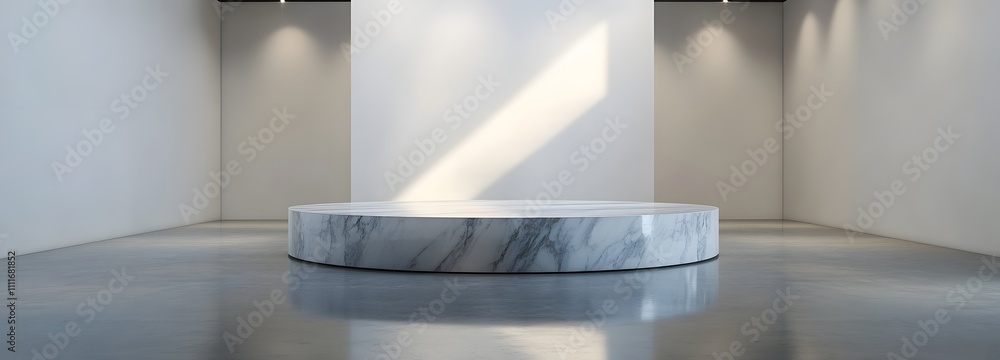 Poster a marble podium surrounded by empty space in a bright, airy gallery, with soft overhead lighting cas