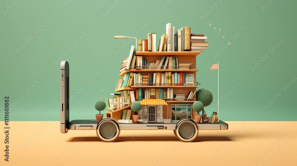 Poster mobile device interface showcasing an e book store with various novel covers and publications floati