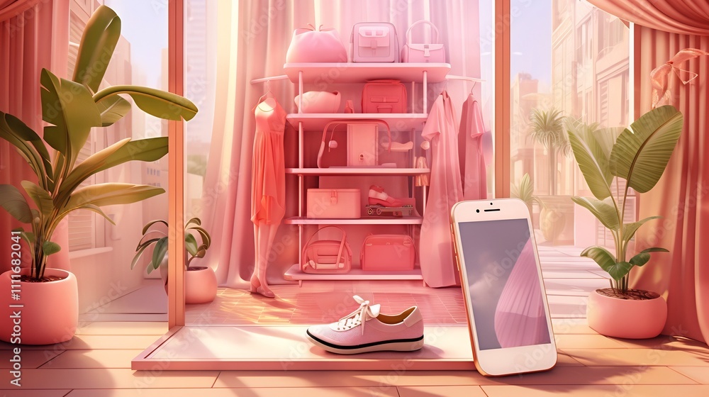 Poster clothing store mobile app with dresses and shoes displayed on responsive touchscreen device for ecom
